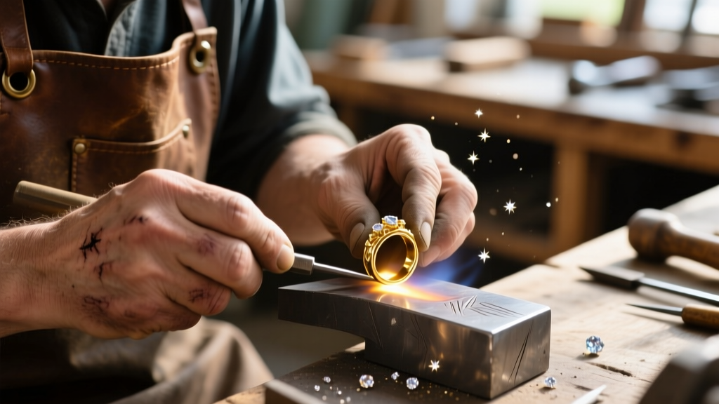 Macro view of a jeweler's loupe inspecting a raw Polki diamond next to a glass Kundan stone on a dark wooden workbench
