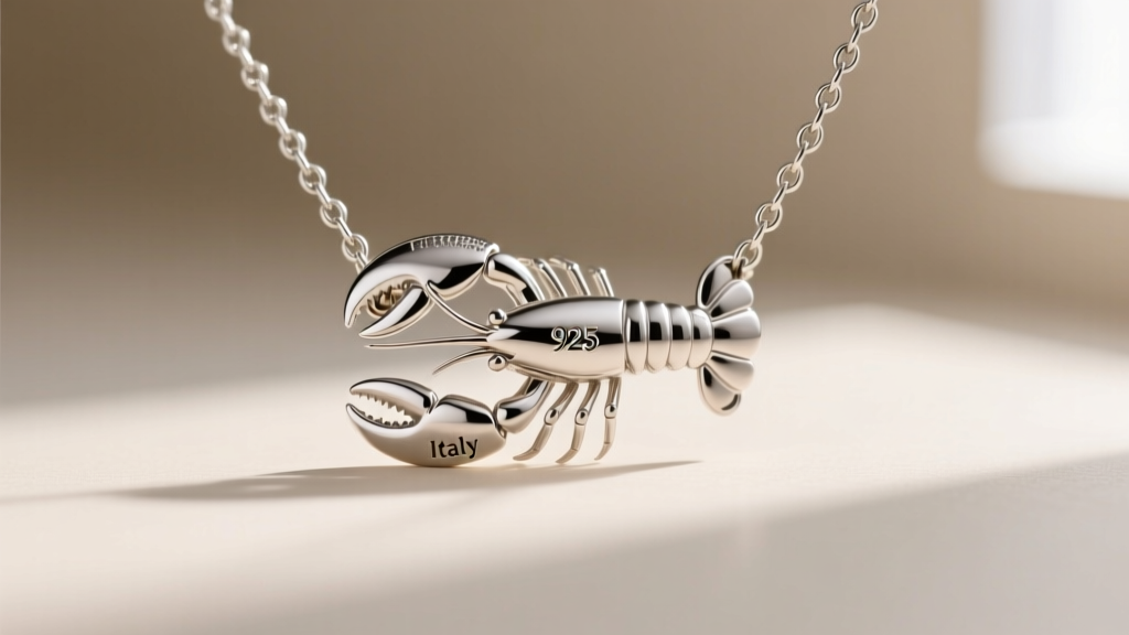 Extreme close-up of a tiny lobster clasp on a silver Italian necklace chain, showing the laser-engraved 925 and Italy hallmarks