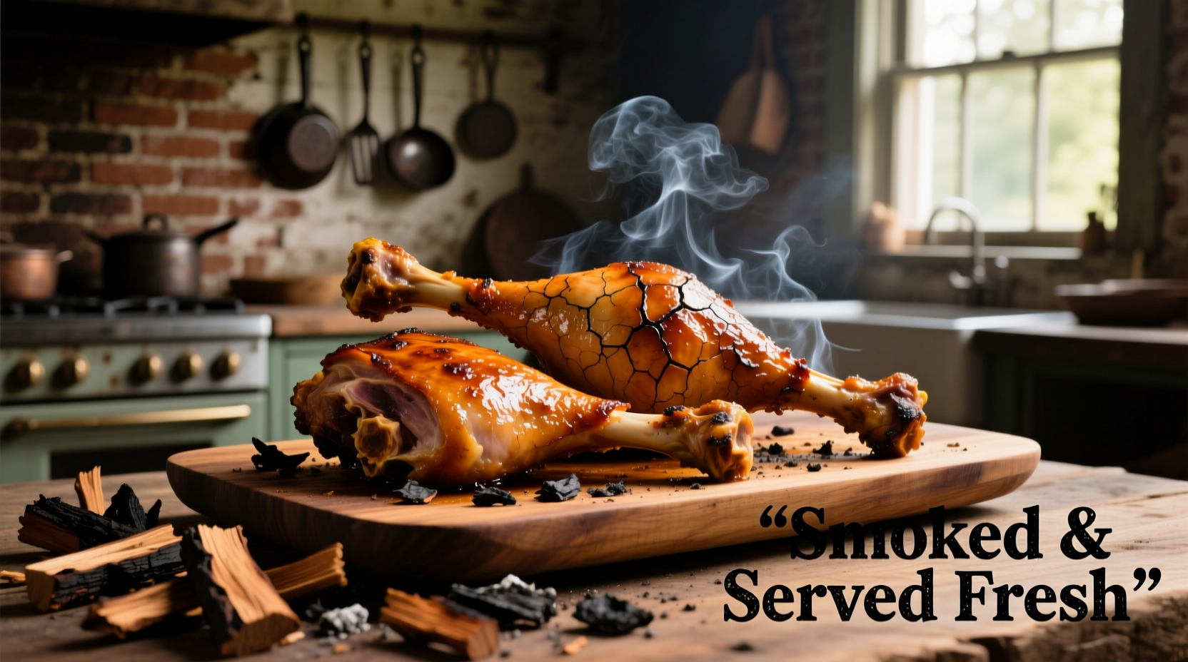 Smoked turkey legs on a platter with wood chips