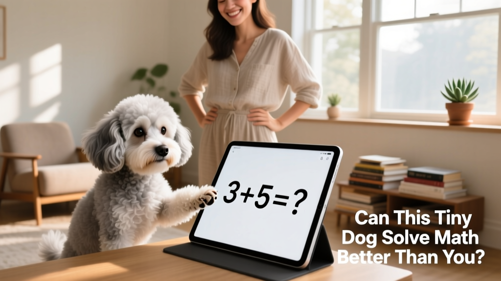 Luna gently tapping her paw on a tablet displaying a simple math equation, with her owner smiling nearby