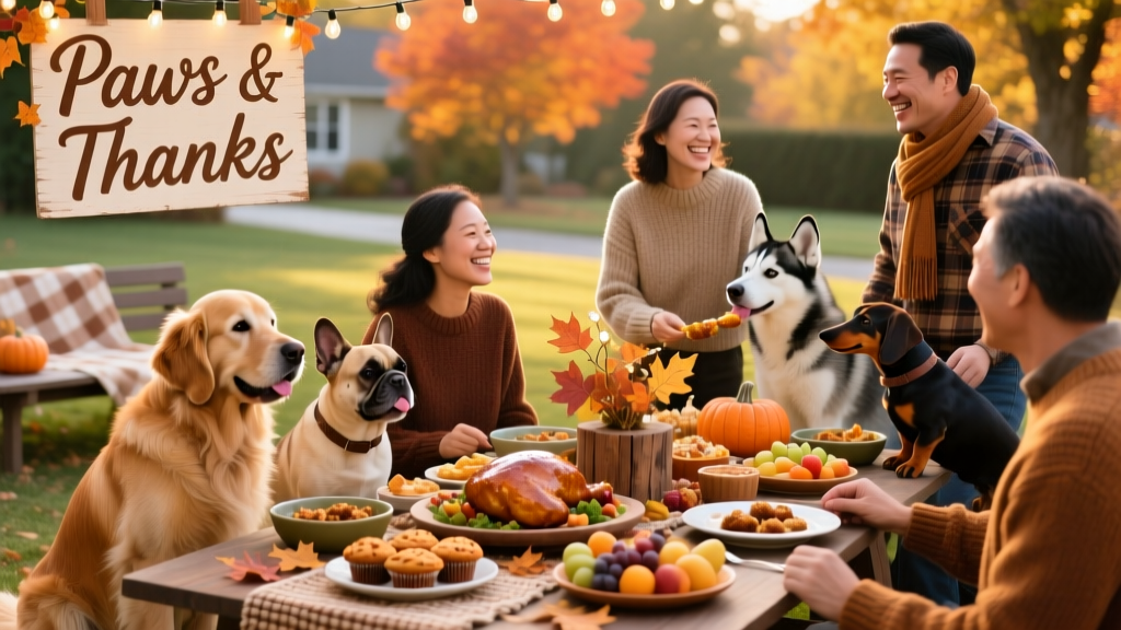 A cheerful outdoor gathering with dogs and their owners sharing food at a decorated table