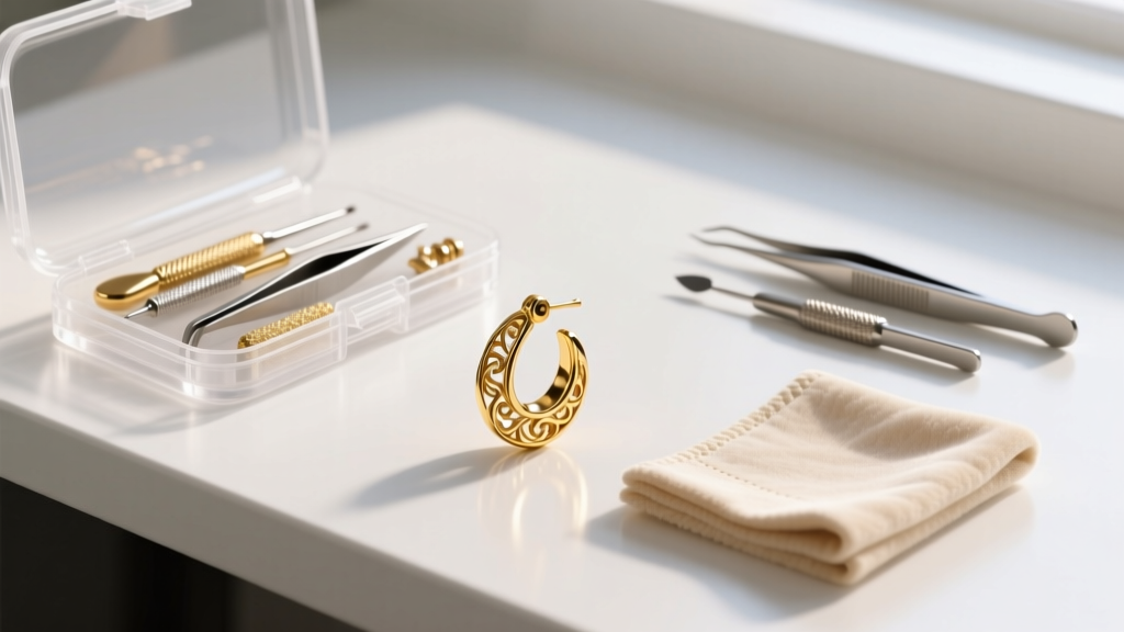 Jewelry repair kit with clear polyurethane coating, microfiber cloth, and a restored moontan golden earring on a clean workbench