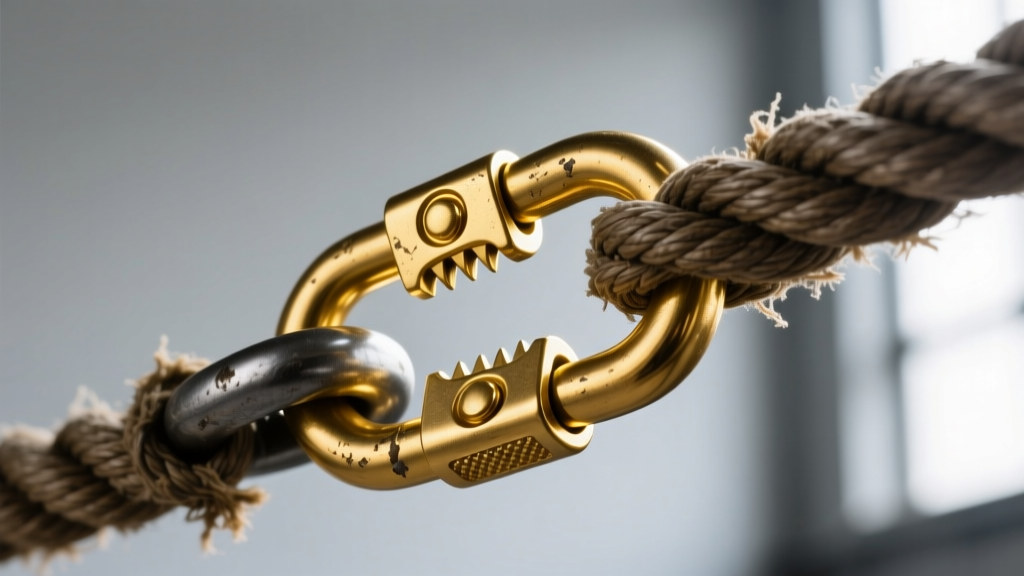 Close-up of a heavy-duty lobster clasp and reinforced gold bail connecting a thick rope chain to a men's diamond-cut gold cross.