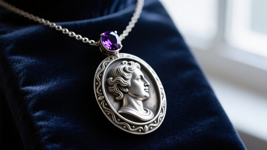 Close-up of an oxidized sterling silver cameo necklace with a dark purple amethyst stone resting on vintage dark velvet fabric.