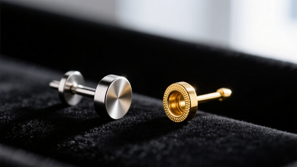 Macro shot of an 18-gauge titanium earring post beside a thinner 20-gauge gold post, resting on a dark velvet jeweler