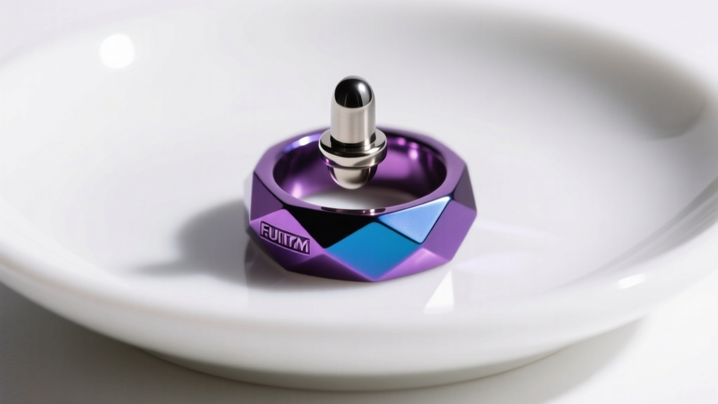 Vibrant purple and blue anodized titanium septum clicker with a geometric design, resting on a clean white ceramic dish
