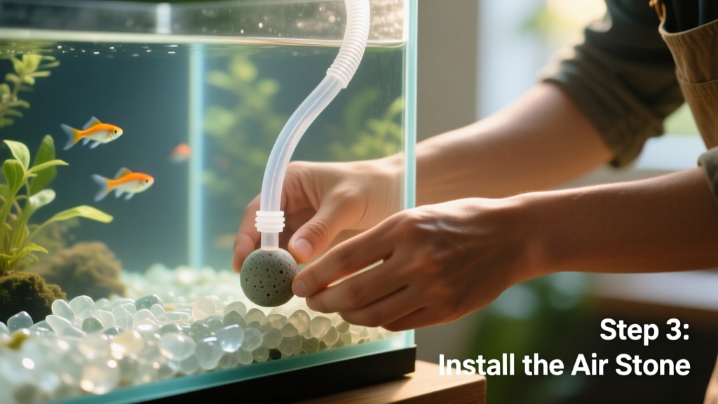Close-up of hands placing a small, round air stone into gravel at the base of a freshwater aquarium, with clear tubing leading upward toward the edge of the tank