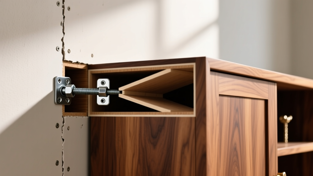 Cross-section diagram showing a heavy-duty toggle bolt anchor inside drywall supporting a large walnut wood jewelry cabinet