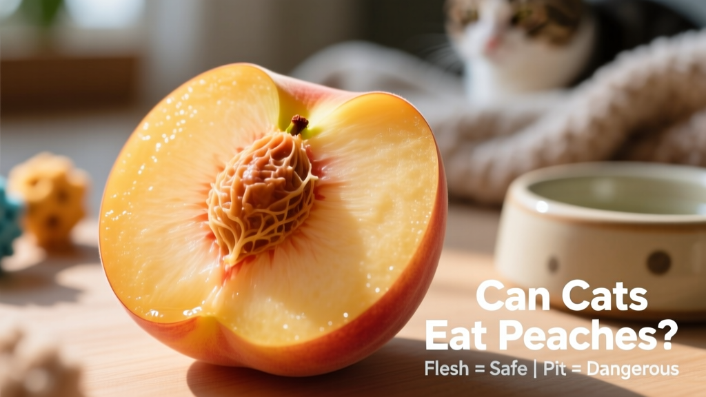 A close-up of a fresh, halved peach showing the pit, flesh, and skin—highlighting which parts are safe and unsafe for cats
