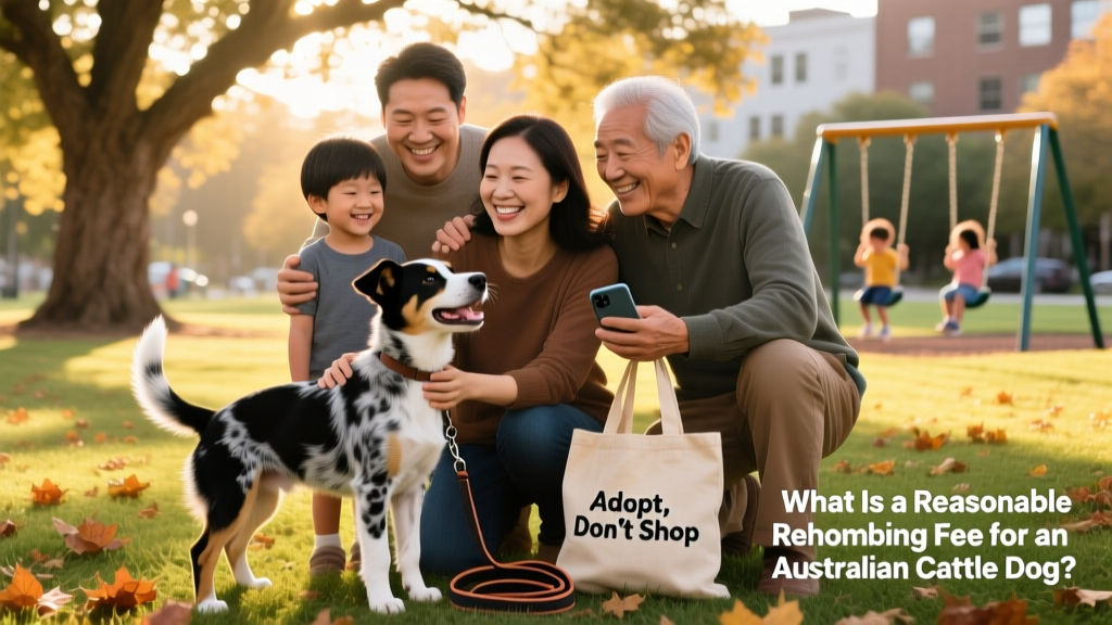Family smiling warmly as they meet their newly adopted Australian Cattle Dog at a park
