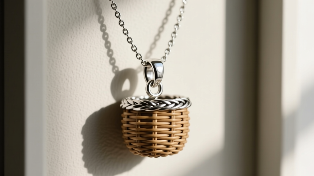 Sterling silver swivel bail and jump ring connecting a woven cane basket pendant to a delicate 18-inch oxidized silver chain.