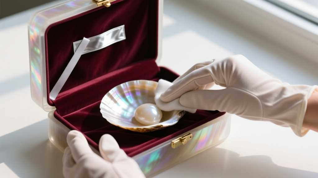 Cotton-gloved hands wiping a capiz shell box with a cloth, anti-tarnish strips resting inside the open velvet-lined lid