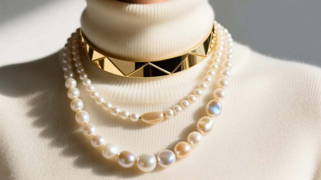 Layered necklaces featuring a short gold choker and a long baroque pearl lariat resting on a cream cashmere turtleneck sweater