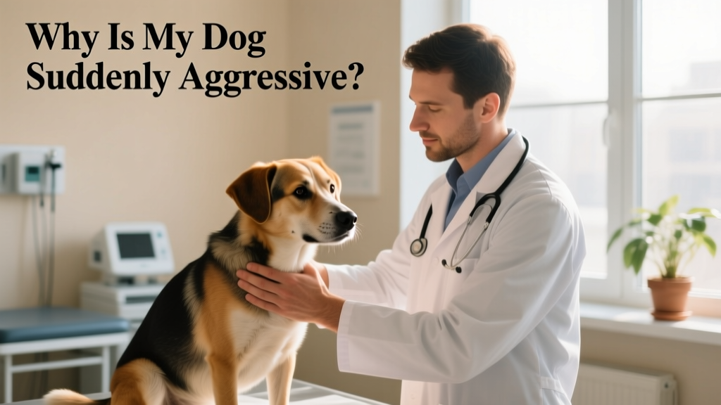 A veterinarian gently examining a calm but watchful dog during a routine checkup