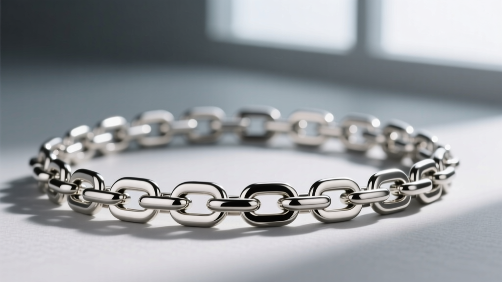 Close-up of a polished steel mariner chain necklace with a horizontal center bar in each link, displayed against a soft grey backdrop