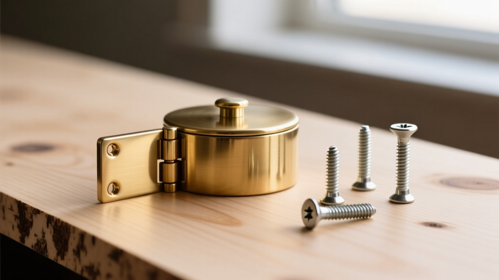 Detailed view of polished solid brass lid hinges and steel screws laid out on sealed birch plywood for a custom jewelry box.