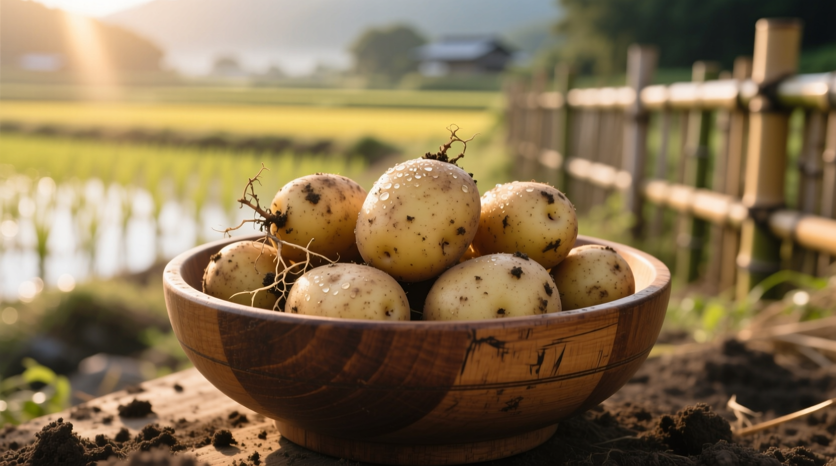 Fresh Japanese potatoes in traditional wooden bowl