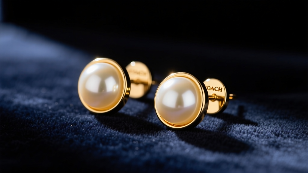 Close-up of gold-plated Coach stud earrings with cream glass pearls resting on dark velvet in soft, warm lighting.