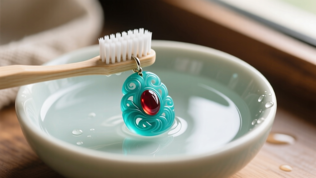 Soft-bristled toothbrush gently scrubbing a turquoise and carnelian pendant in a shallow bowl of lukewarm distilled water.