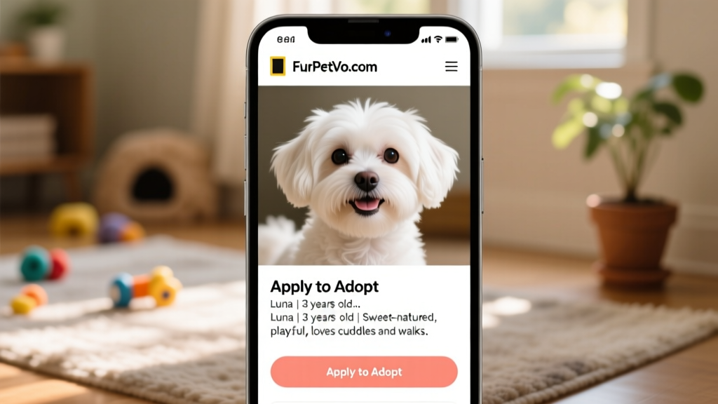 Screenshot of a FurPetVo.com profile page showing a Maltese's photo, bio, and 'Apply to Adopt' button