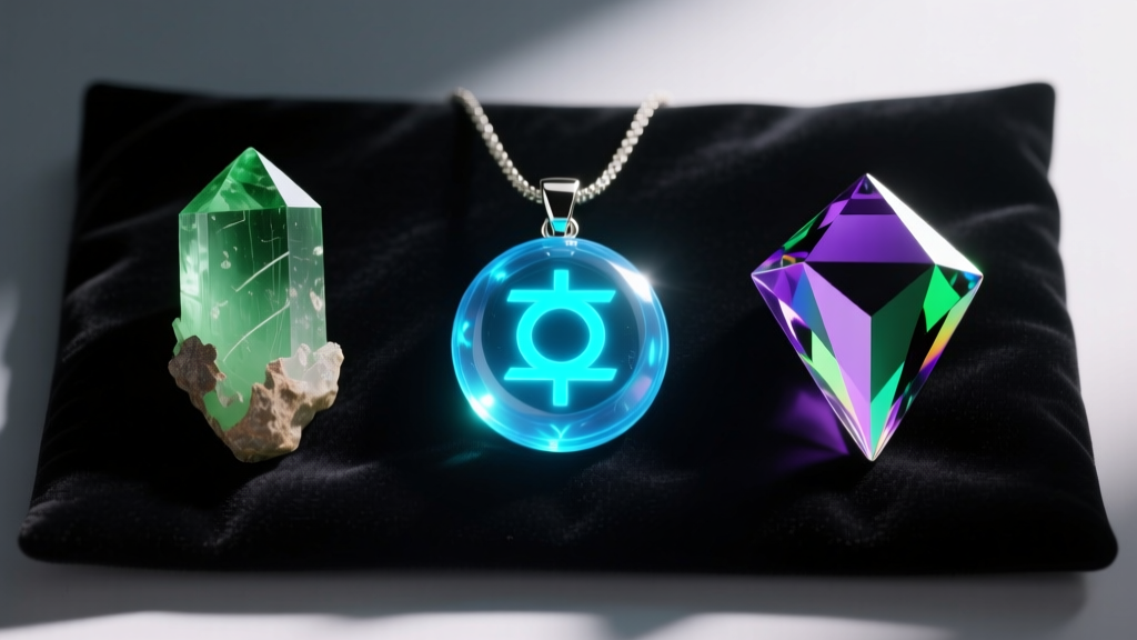 Three kryptonite pendants side-by-side: raw green fluorite, glowing UV resin, and faceted dichroic glass on a dark velvet pad.
