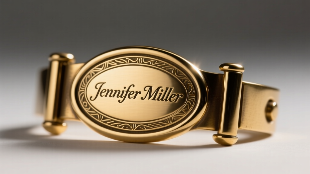Macro shot of a brass clasp stamped with the Jennifer Miller oval hallmark, illuminated by harsh directional studio lighting setup