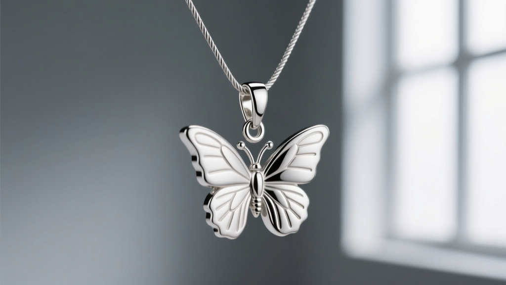 Macro shot of a sterling silver butterfly pendant on a 1.2mm cable chain, highlighting the bail and jump ring connection details.