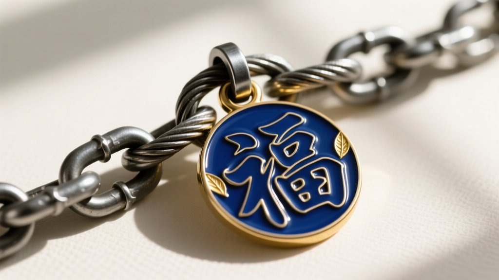 Close-up of a heavy steel cable chain threaded through a custom soldered bail on a large polished enameled character medallion