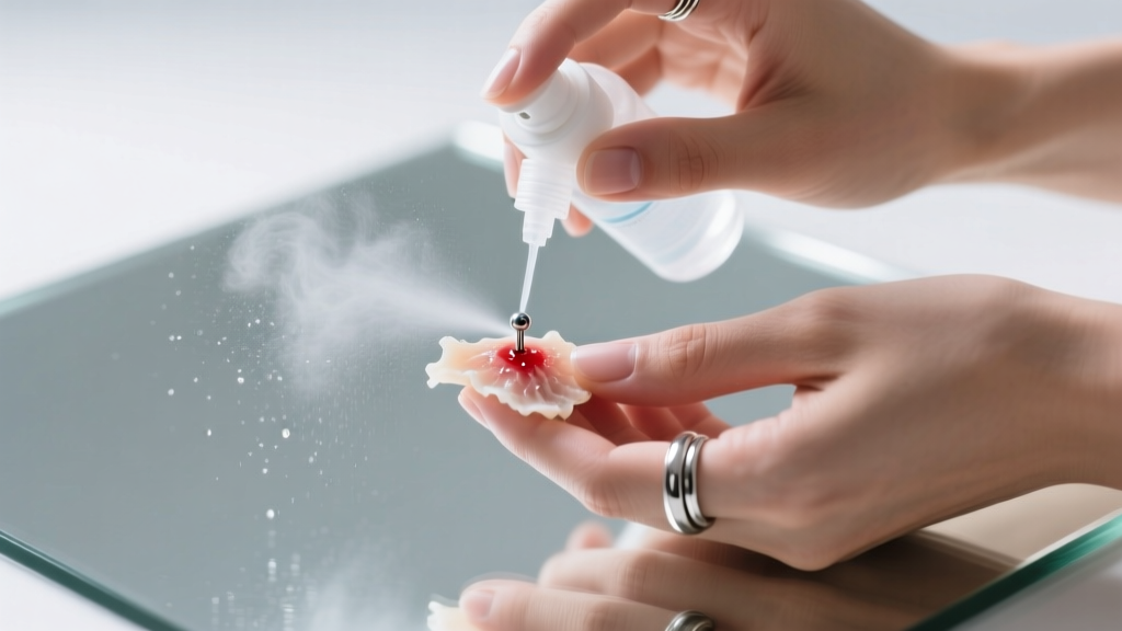 Hands gently spraying sterile saline onto a healing cartilage piercing, with soft natural lighting and a clean mirror background.