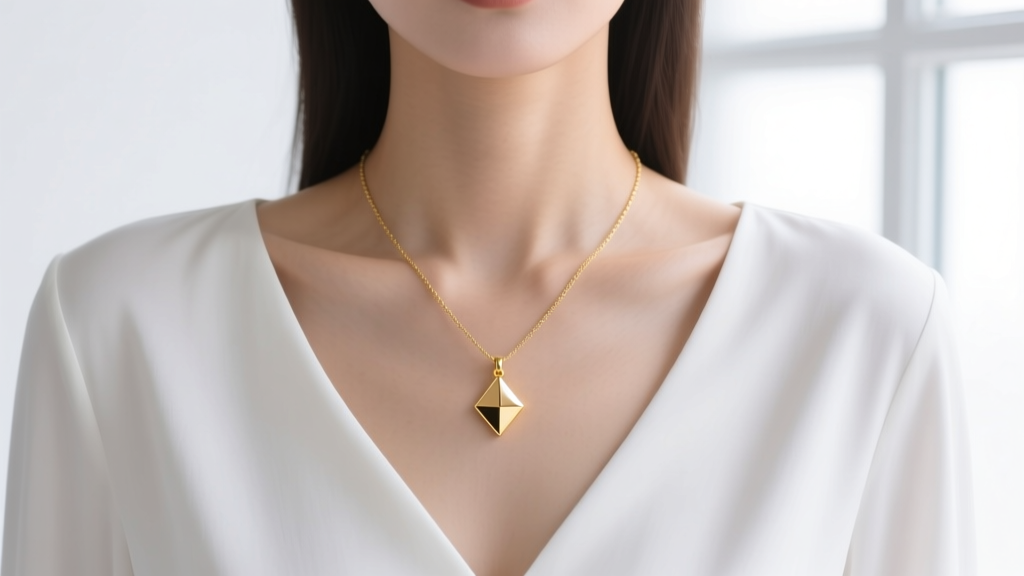 Woman wearing an 18-inch gold pendant over a white v-neck blouse, soft studio portrait focusing closely on the collarbone and skin