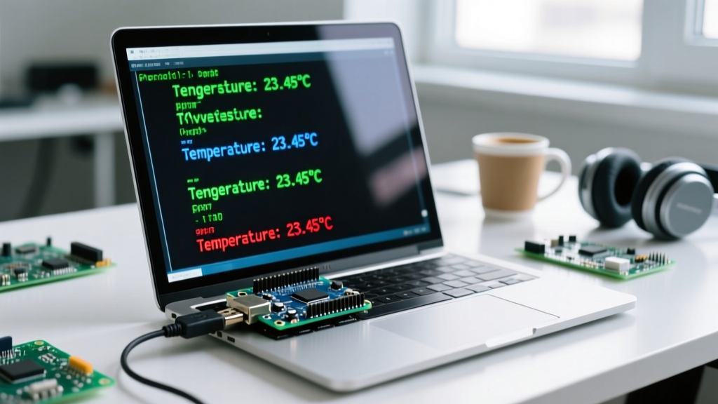 Close-up of an Arduino Uno R3 serial monitor displaying formatted string outputs and float variables via USB connection