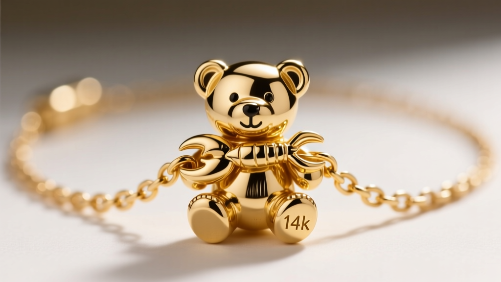 Macro shot of a gold teddy bear necklace lobster clasp and chain links showing the 14k stamp, fine texture, and bright polish.