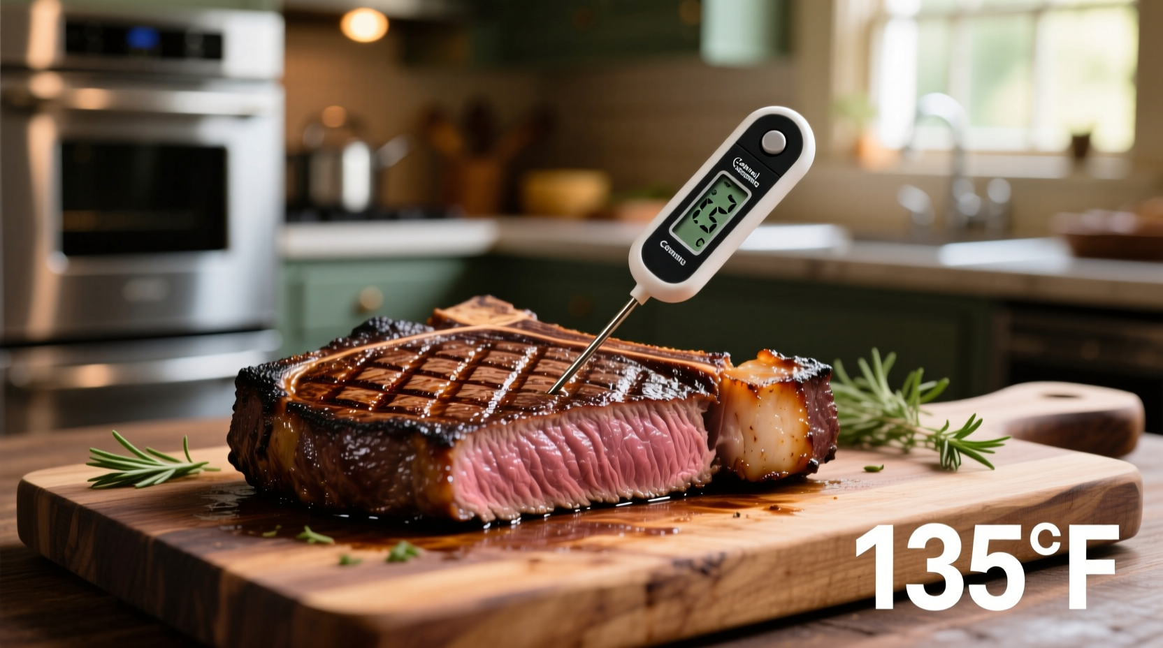 Oven-seared steak with thermometer reading
