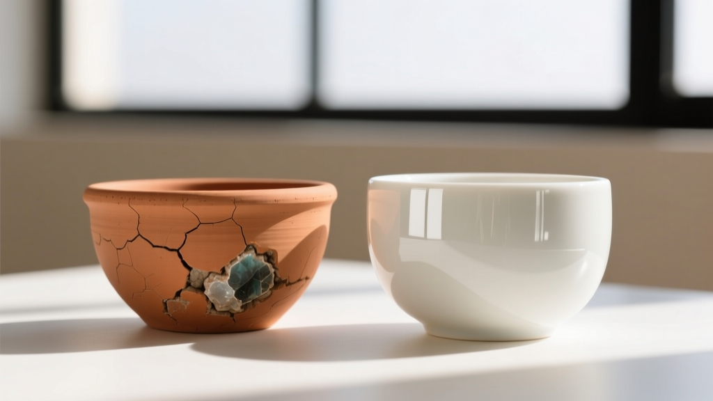 Macro shot of raw unglazed terracotta beside a high-gloss porcelain finish, showing porosity differences for jewelry storage.
