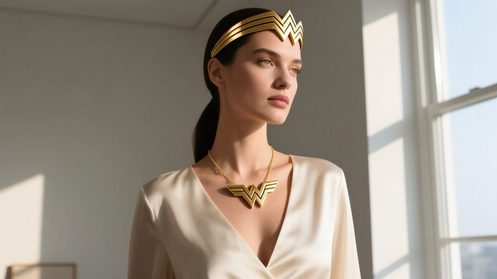 Woman wearing a minimalist 18-inch gold Wonder Woman tiara pendant necklace with a deep V-neck blouse in natural daylight.