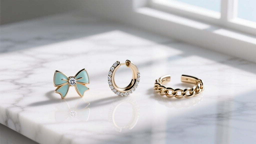 Flat lay of an ear stack with a micro enamel bow stud, diamond huggie hoop, and delicate chain ear cuff on a white marble surface