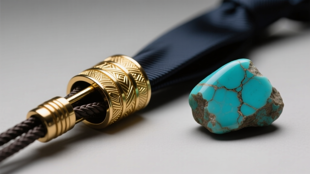 Macro shot of a Western bolo tie clasp showing intricate gold electroplating over brass next to raw stabilized turquoise stone