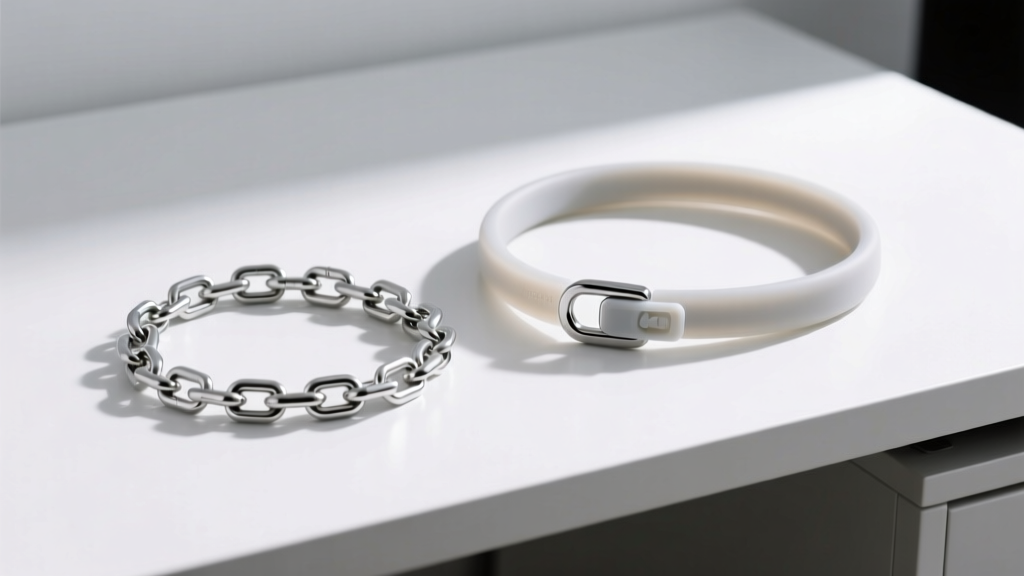 Stainless steel chain beside a medical-grade silicone neck cord with a plastic breakaway clasp, displayed on a clean white desk.