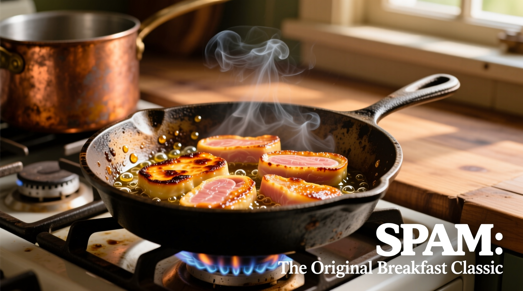 Sliced SPAM cooking in a cast iron skillet