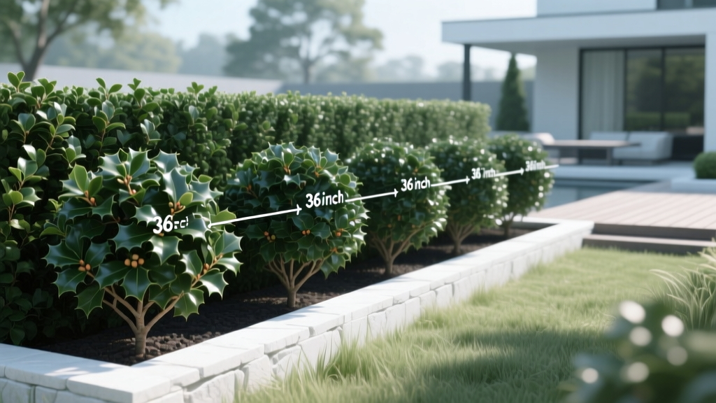 Diagram illustrating the correct center-to-center spacing of American Holly shrubs to form a continuous privacy screen in Zone 7