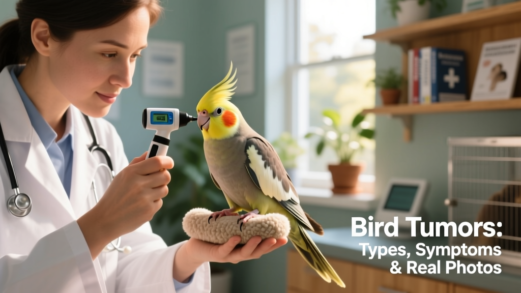 Veterinarian gently examining a calm cockatiel during a routine checkup, using a handheld otoscope and digital thermometer