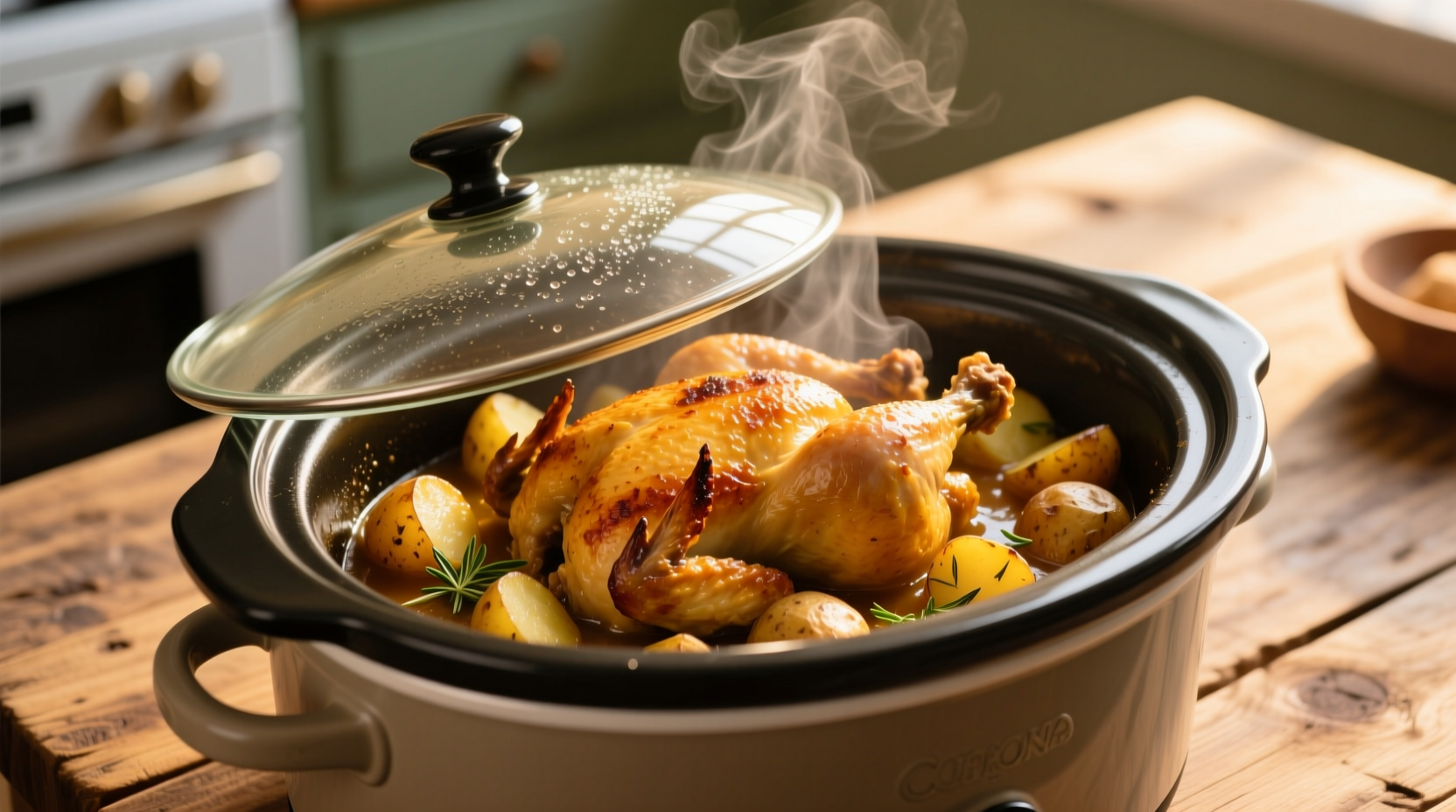 Slow cooker filled with golden chicken and potatoes