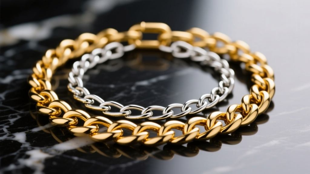 Macro shot of a 14k yellow gold Cuban link layered with a white gold paperclip chain on dark marble under soft studio lighting