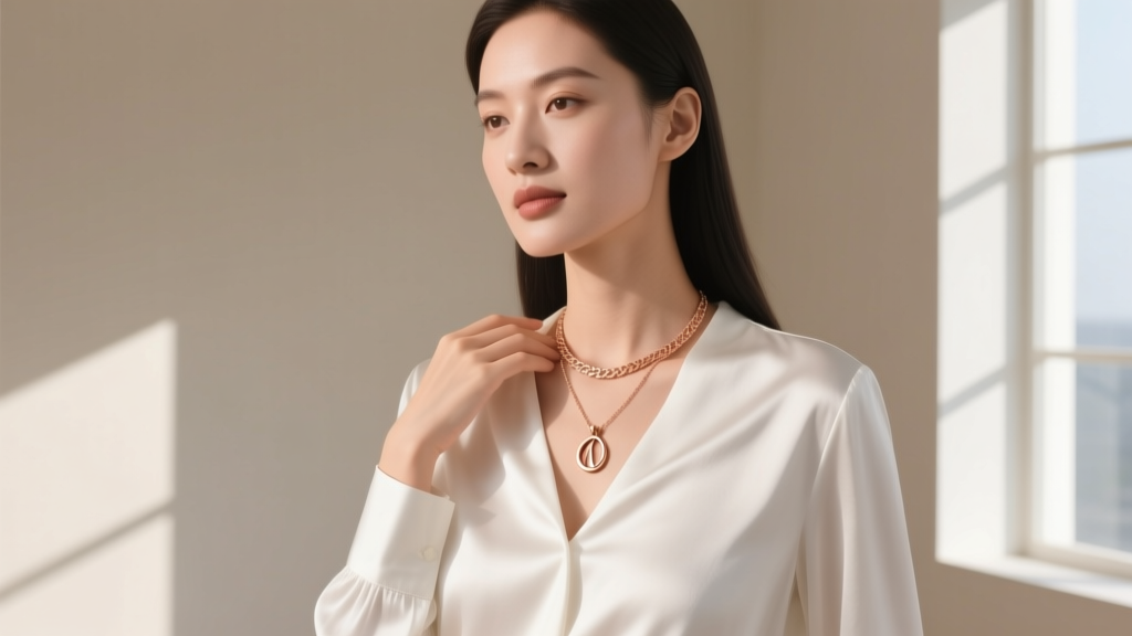A woman wearing a delicate 14k rose gold initial pendant necklace layered over a crisp white silk blouse in natural daylight.
