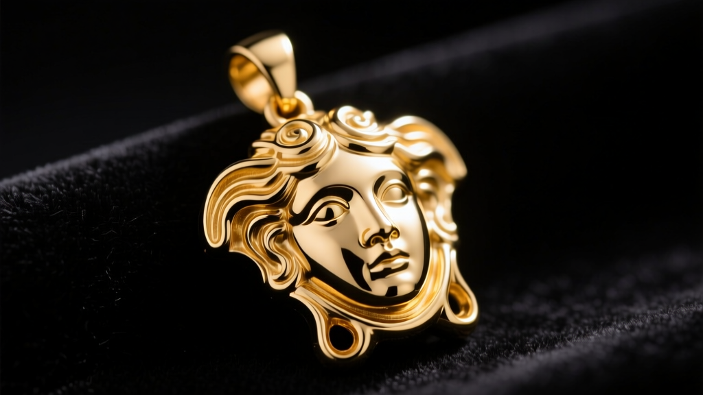 Macro shot of a gold-plated Versace Medusa pendant on black velvet, showing intricate facial crevices and high polish.