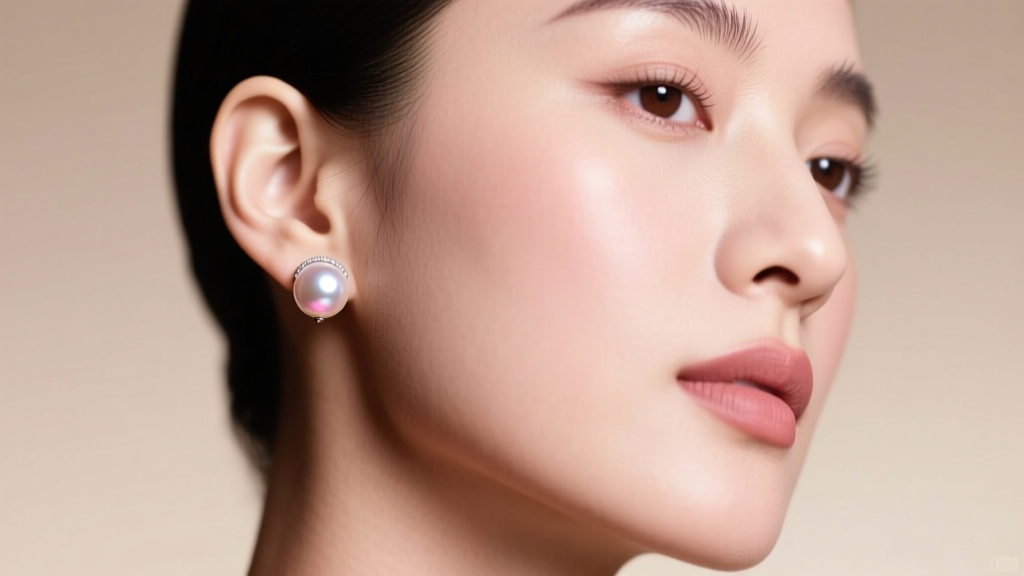 Elegant close-up of a woman wearing 8mm AAA-grade Akoya pearl stud earrings, soft studio lighting highlighting the pearl rosé overtone against skin