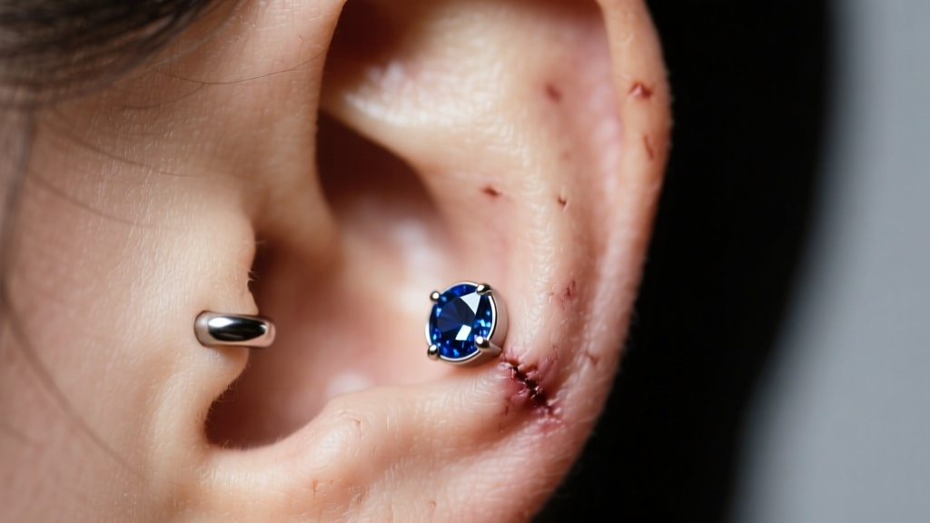 Side profile of a healed helix piercing showing a perfectly fitted 6mm titanium flatback stud with a small bezel-set sapphire.