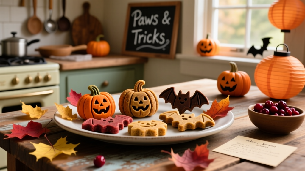 Homemade dog treats shaped like pumpkins and bats arranged on a festive platter with autumn leaves