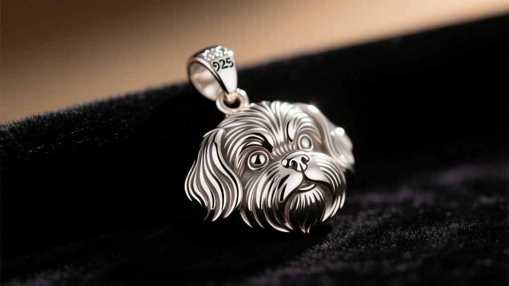 Polished 925 sterling silver Shih Tzu pendant on dark velvet, illuminated by warm studio lighting in a detailed macro shot