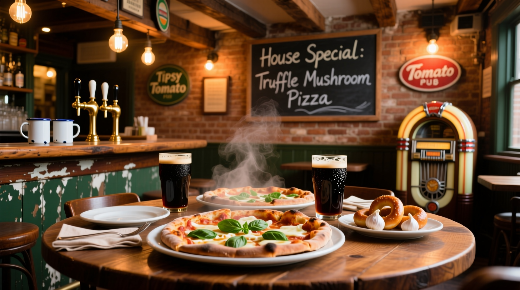 Tipsy Tomato Pub dining area with pizza and drinks